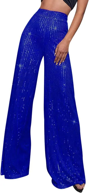 Sequin Pants Women Fashion High Waist Pant Sparkly Wide Leg Trousers Elastic Loose Side Zipper Shiny Pants