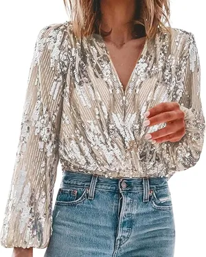 Sequin Tops for Women Sparkly V Neck Long Sleeve Dressy Formal Shirts Loose Glitter Party Blouses Mardi Gras Outfit Mardi Gras Shirts for Women - A-Khaki, S