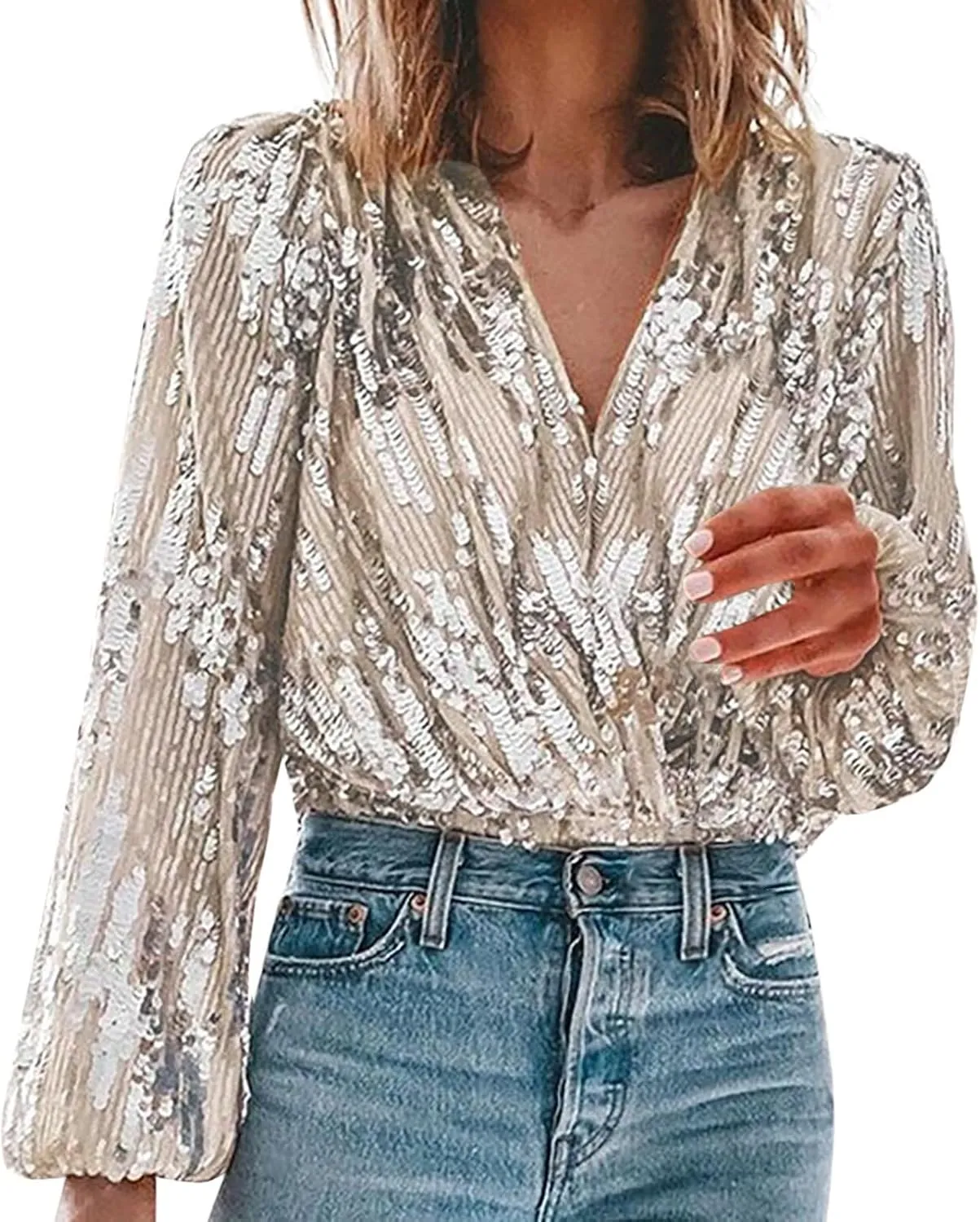 Sequin Tops for Women Sparkly V Neck Long Sleeve Dressy Formal Shirts Loose Glitter Party Blouses Mardi Gras Outfit Mardi Gras Shirts for Women - A-Khaki, S