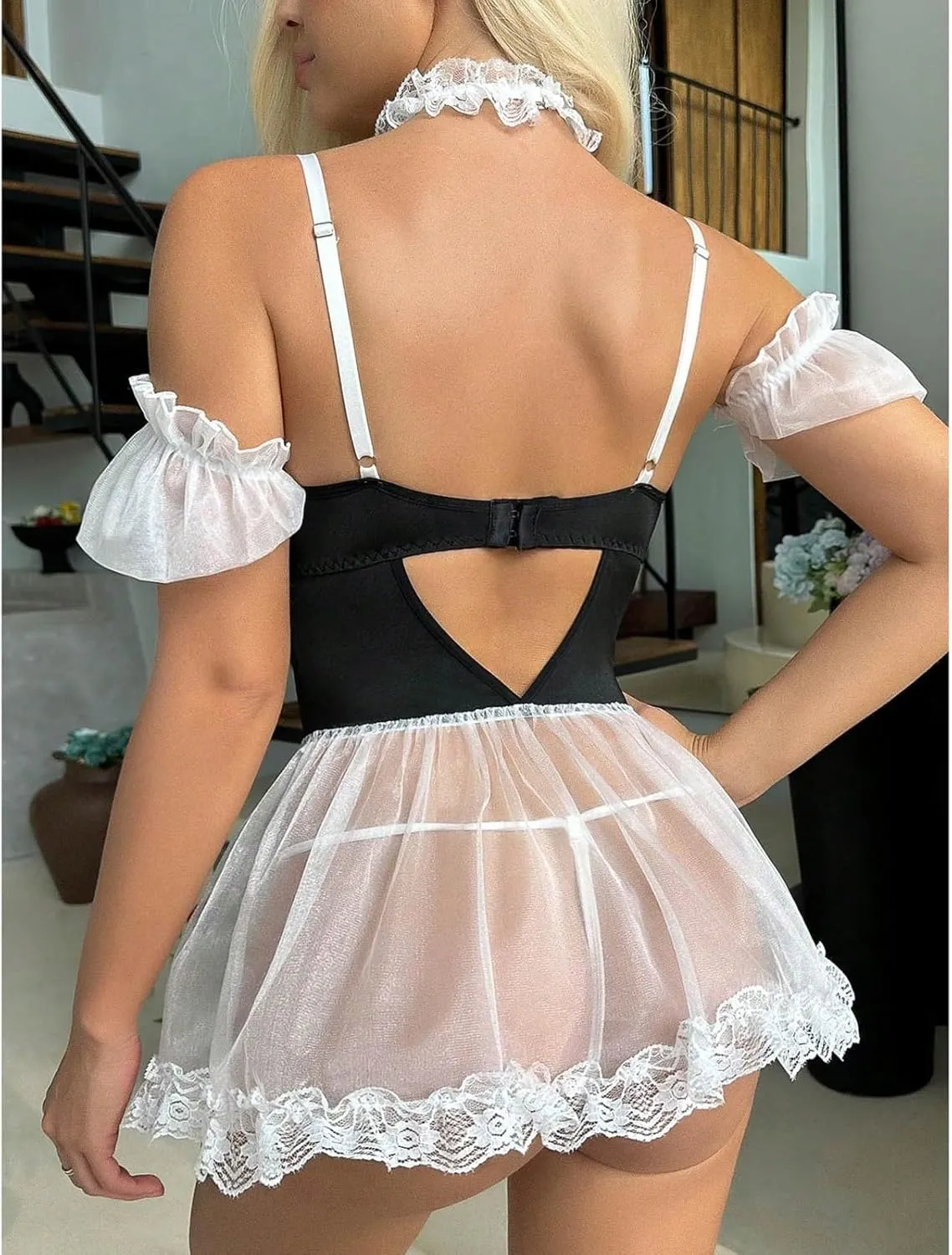 Sexy Halloween Costume Sheer Lingerie Sets for Women Cute Lace Mini Pleated Skirt Lingerie Transparent Set White