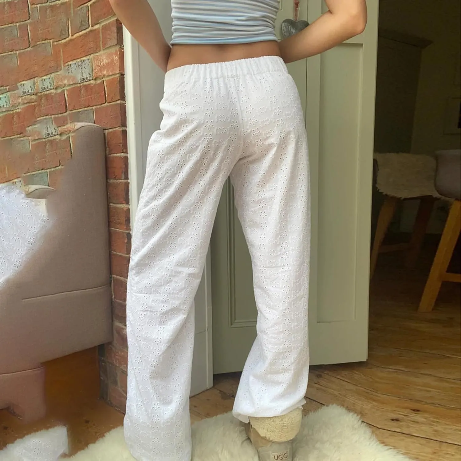 Seyurigaoka Y2K Striped Pajamas Pants for Women Cute Wide Leg Pinstripe Sleep Pj Bottoms Preppy Lounge Pants Trousers