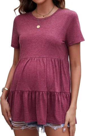 Short Sleeve Maternity Tops Flowy Tiered Pregnancy Tee Shirts with Ruffle Casual Basic Maternity Peplum Tops