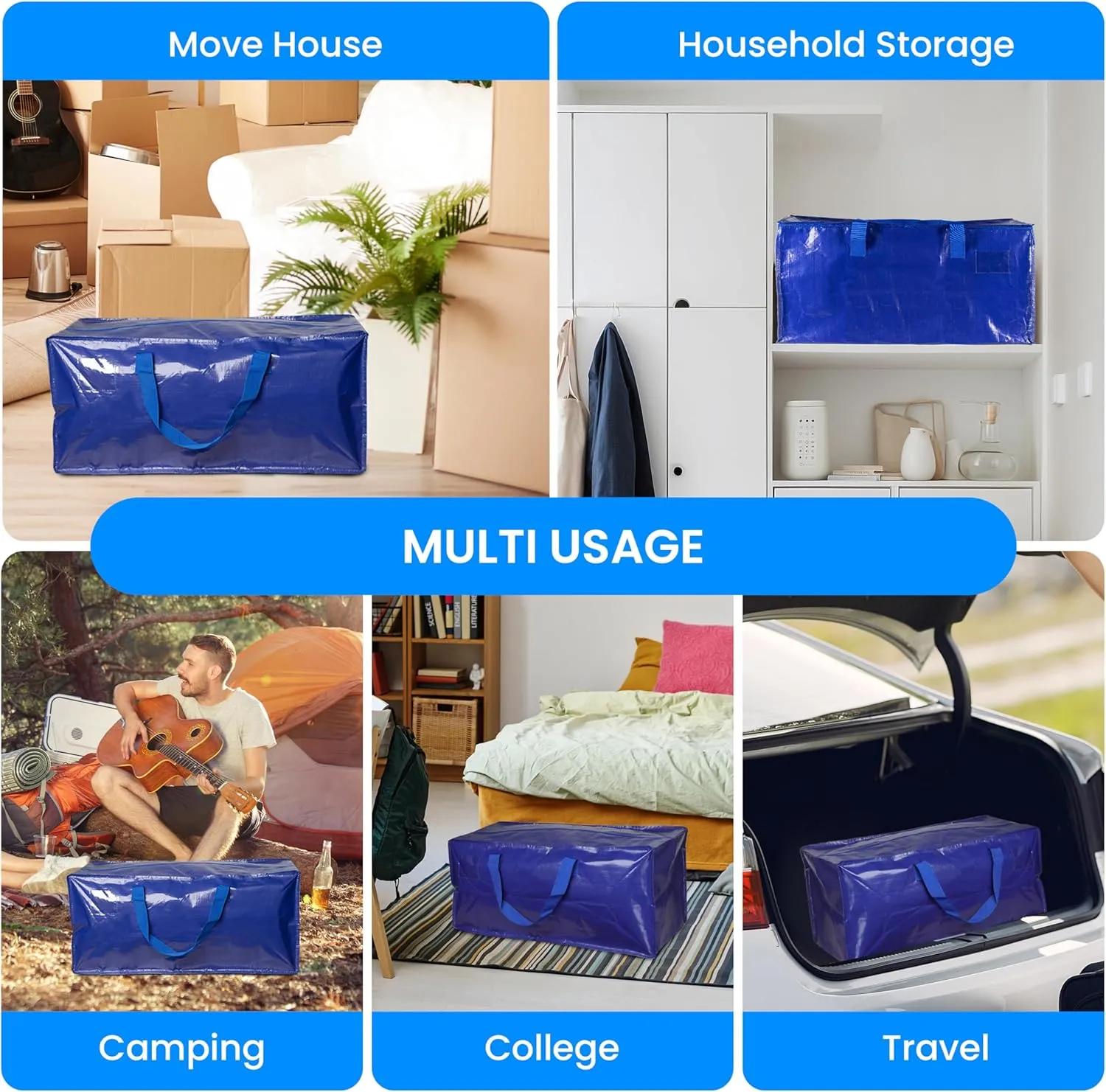 Simple Deluxe 10 Pack Extra Large Moving Bags with Backpack Straps, Strong Handles/Zippers, Heavy Duty Storage Tote For Moving Travel Camping Space Saving, Blue