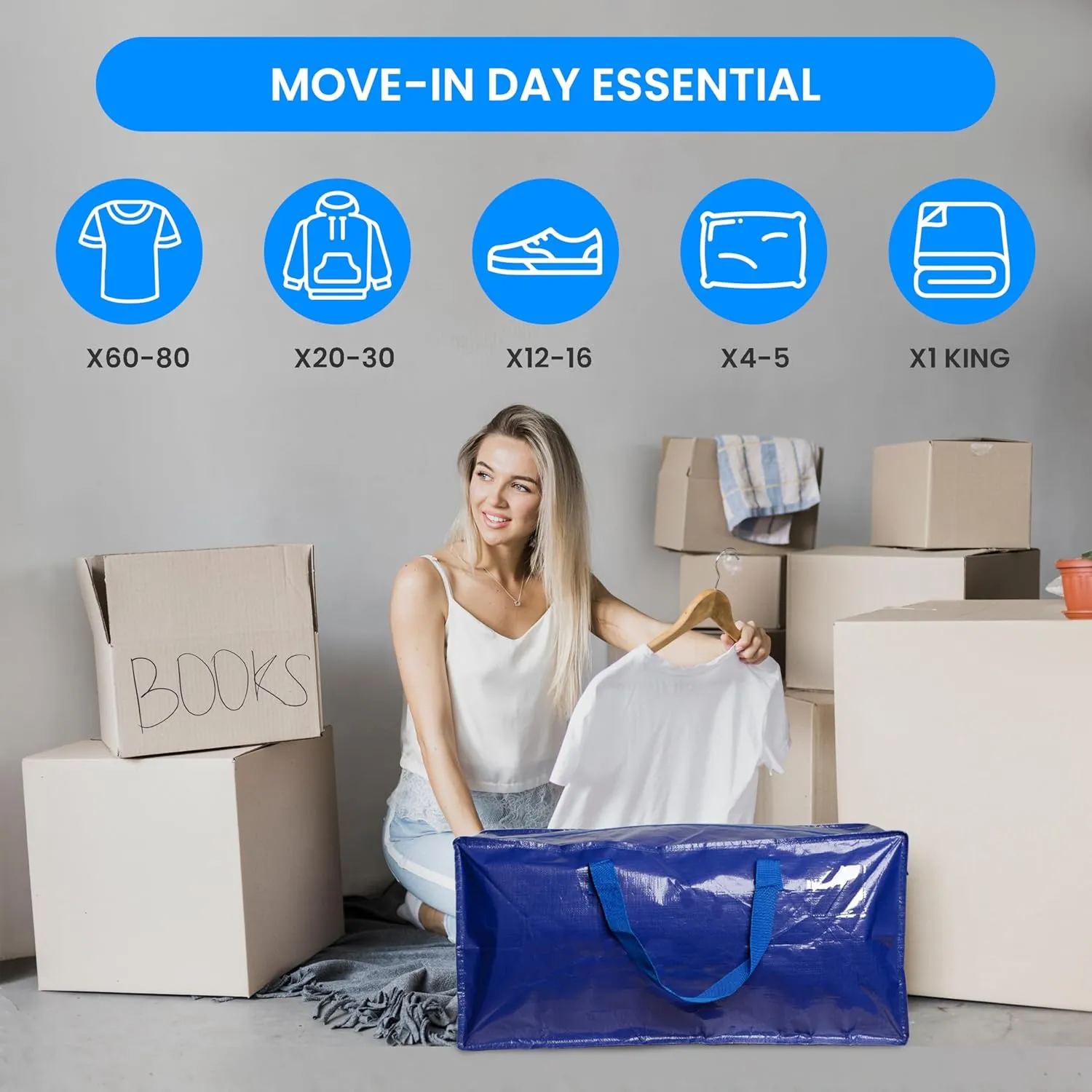 Simple Deluxe 10 Pack Extra Large Moving Bags with Backpack Straps, Strong Handles/Zippers, Heavy Duty Storage Tote For Moving Travel Camping Space Saving, Blue