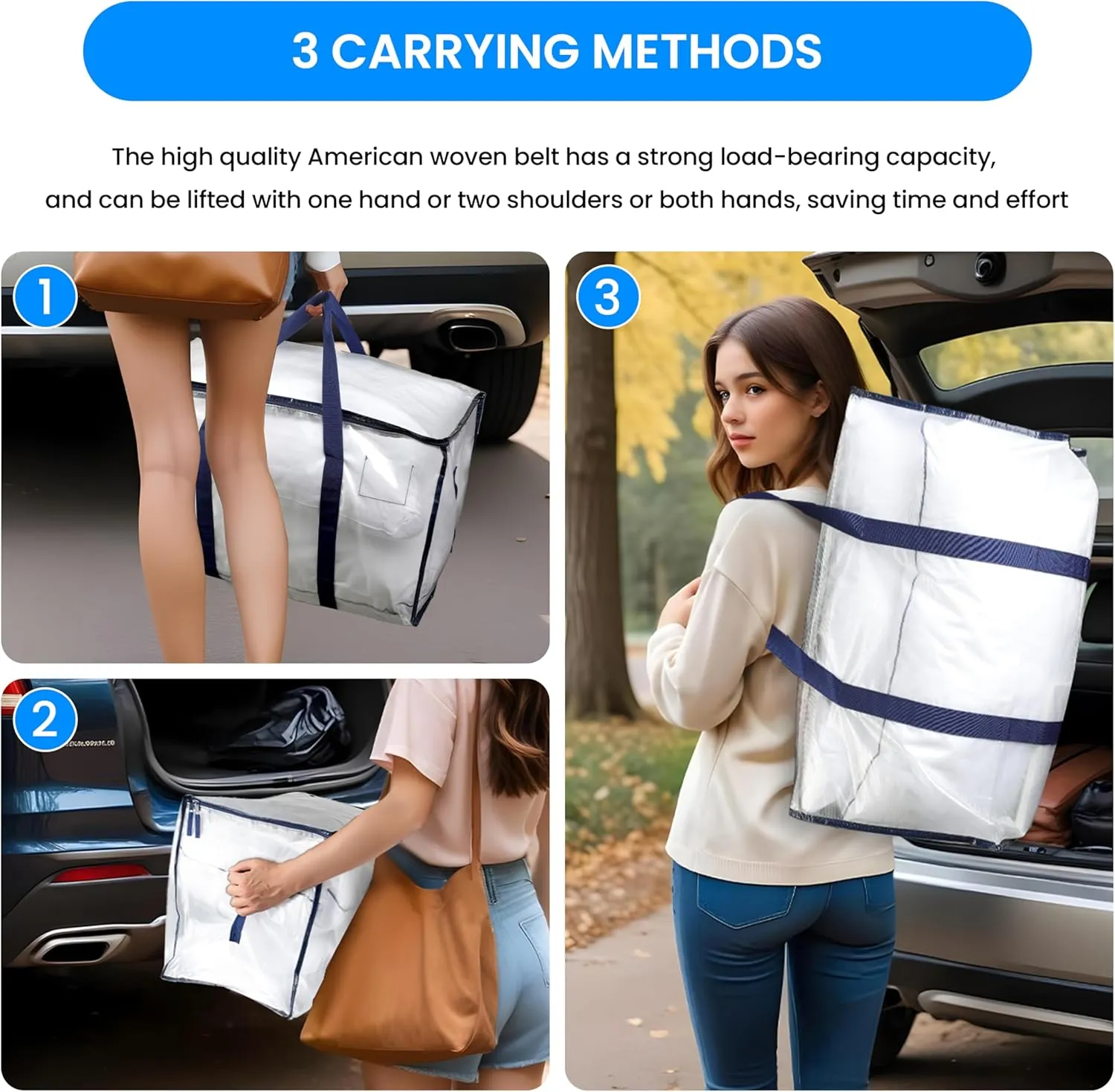 Simple Deluxe 6 Pack Extra Large Moving Bags with Lids, Reinforced Handles and Zippers, Heavy Duty Storage Tote For Moving Travel Camping Space Saving, White