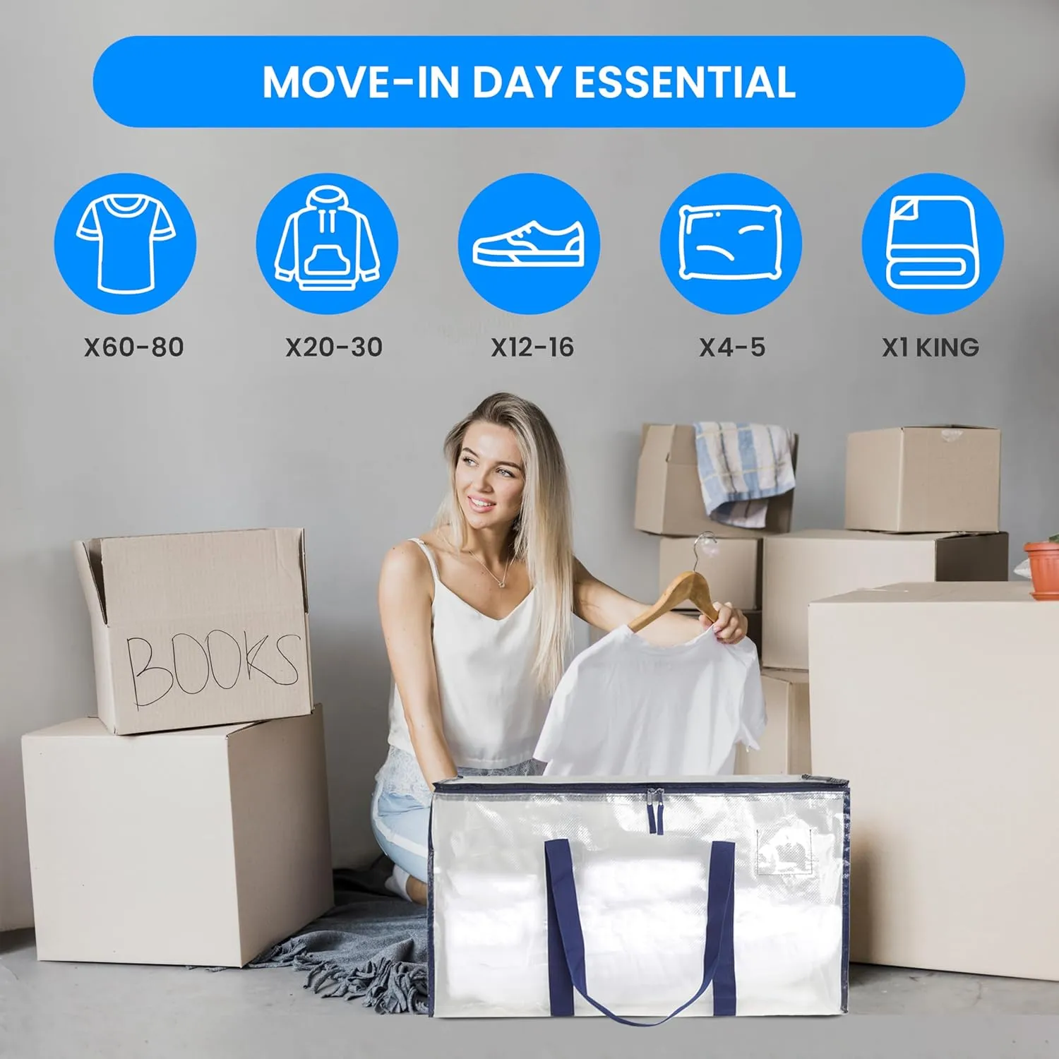 Simple Deluxe 6 Pack Extra Large Moving Bags with Lids, Reinforced Handles and Zippers, Heavy Duty Storage Tote For Moving Travel Camping Space Saving, White