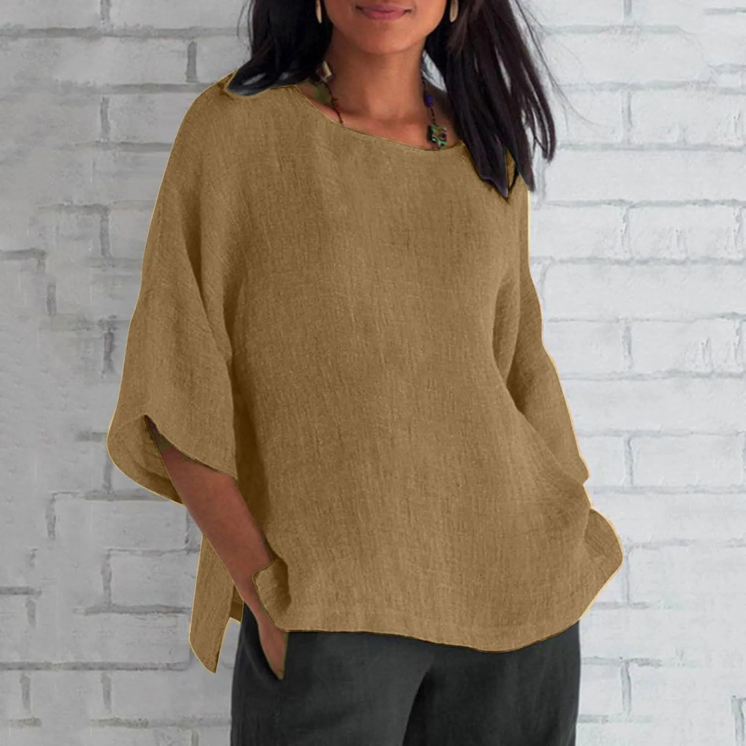 SMIDOW Women 3/4 Length Sleeve Cotton Linen Tops Casual Loose Fit Summer Blouses Pullover Round Neck Cute Shirt Tshirts