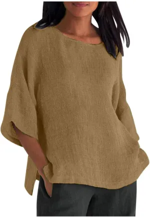 SMIDOW Women 3/4 Length Sleeve Cotton Linen Tops Casual Loose Fit Summer Blouses Pullover Round Neck Cute Shirt Tshirts