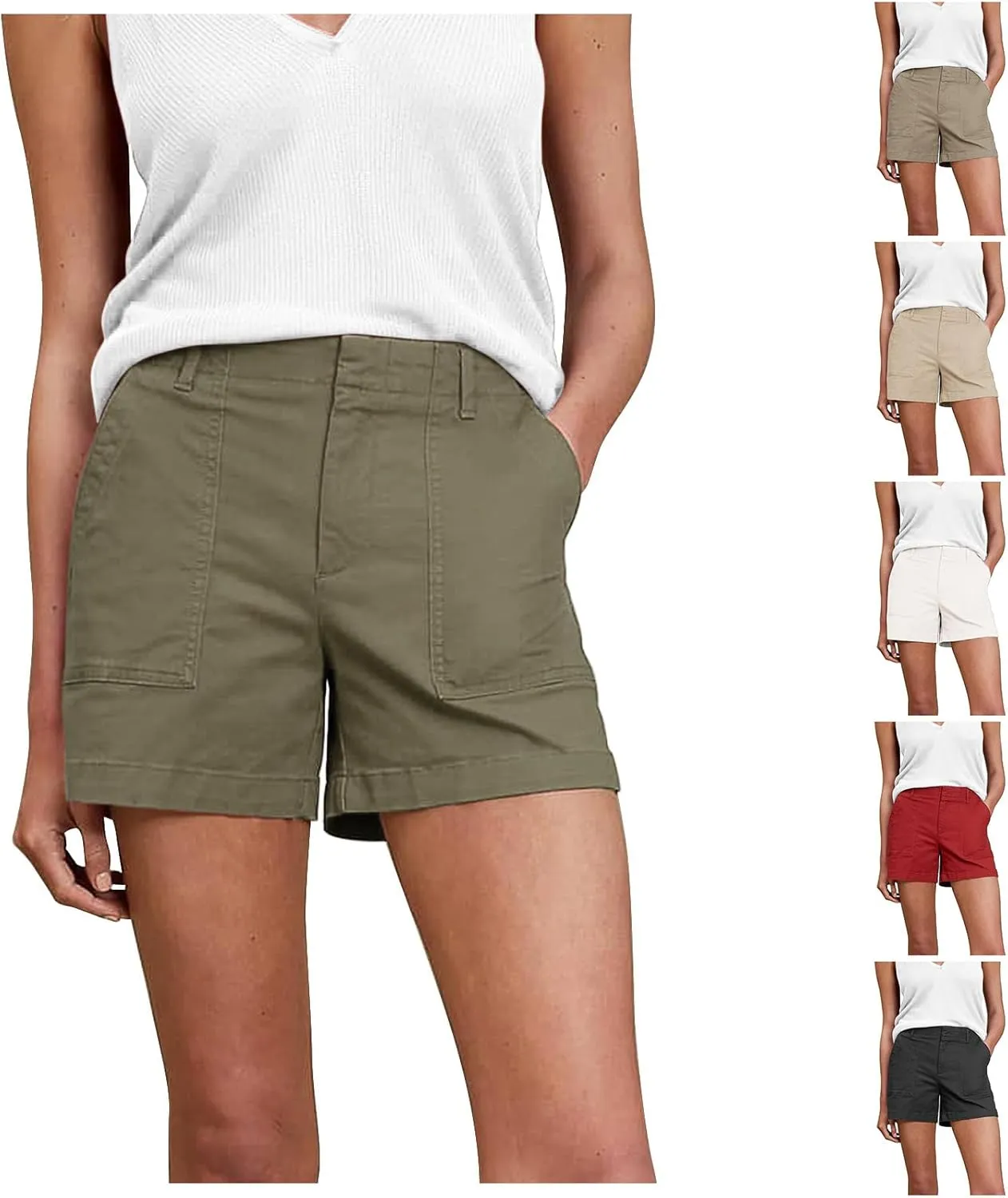 Stretch Chino Shorts for Women Summer Casual Elastic Waist Baggy Jean Shorts Pull On Twill Short Pants with Pockets