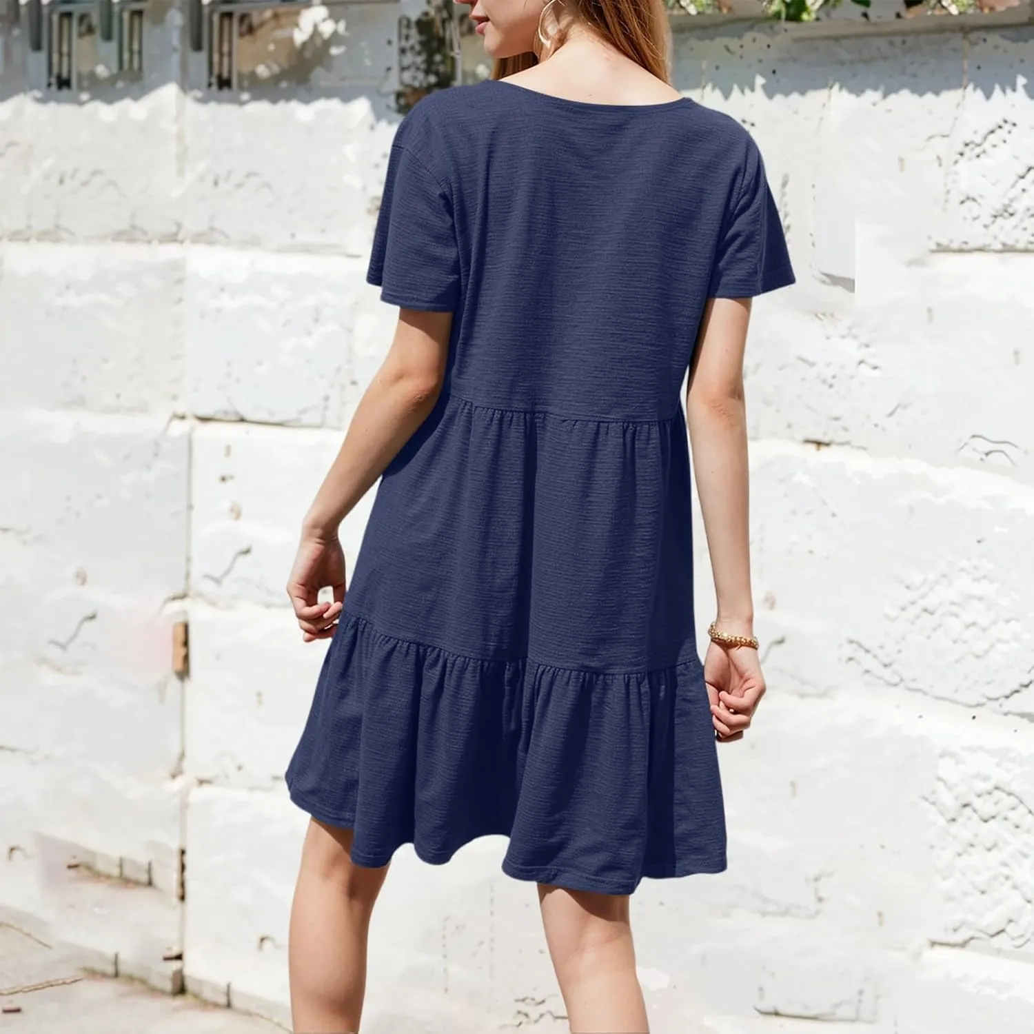 Summer Dresses for Women 2025 Casual Fashion Round Neck Short Sleeve Solid Color Beach Dress