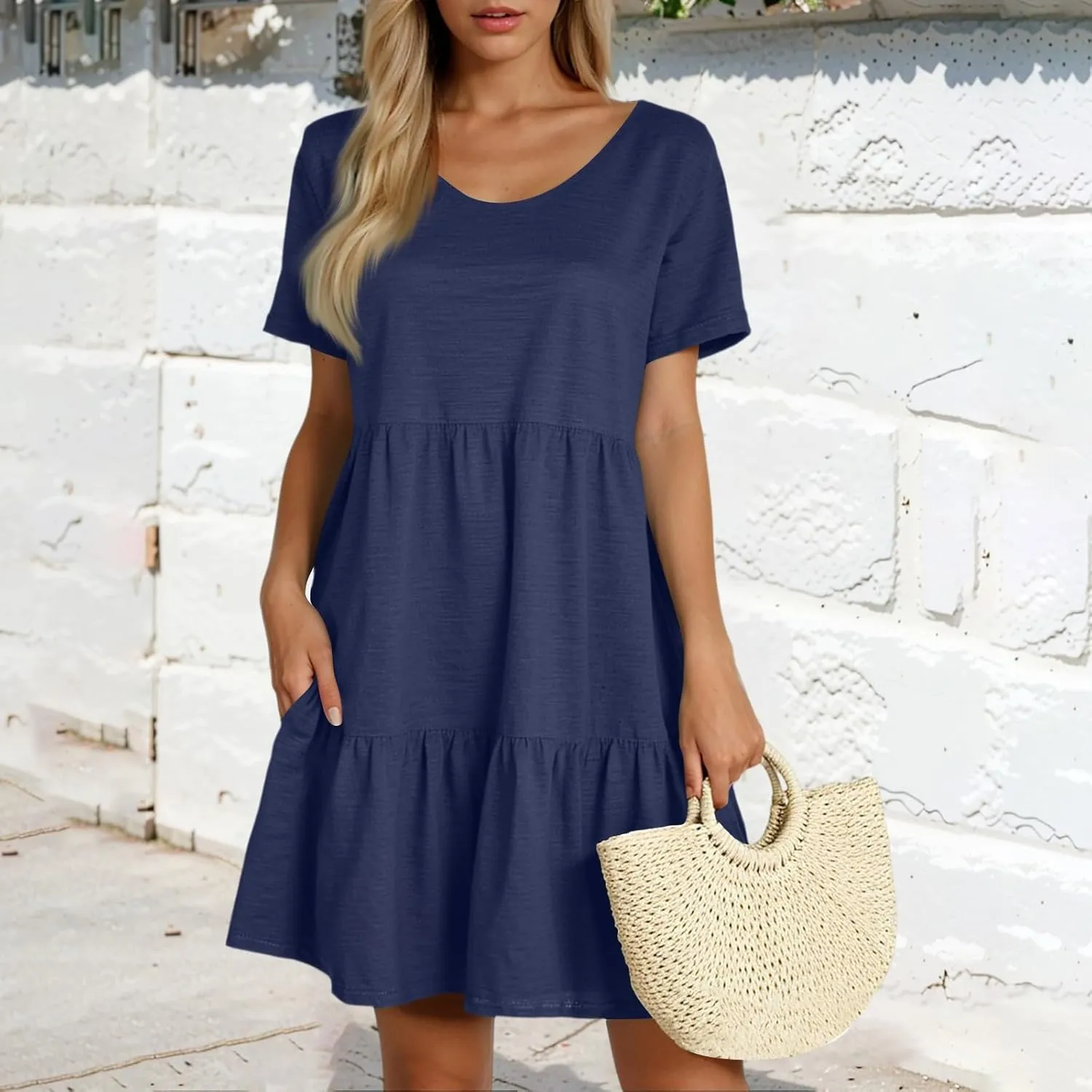 Summer Dresses for Women 2025 Casual Fashion Round Neck Short Sleeve Solid Color Beach Dress