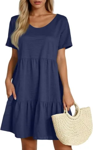 Summer Dresses for Women 2025 Casual Fashion Round Neck Short Sleeve Solid Color Beach Dress