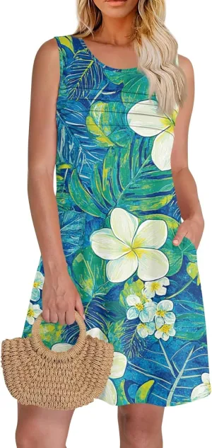 Summer Dresses for Women 2025 Casual Scoop Neck Sleeveless Sundresses Boho Tank Dress Beach Dresses with Pockets
