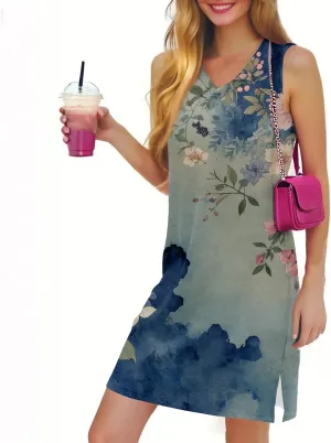 Summer Dresses for Women 2025 Casual V Neck Sleeveless Sundresses Floral Print Tank Beach Dresses with Split