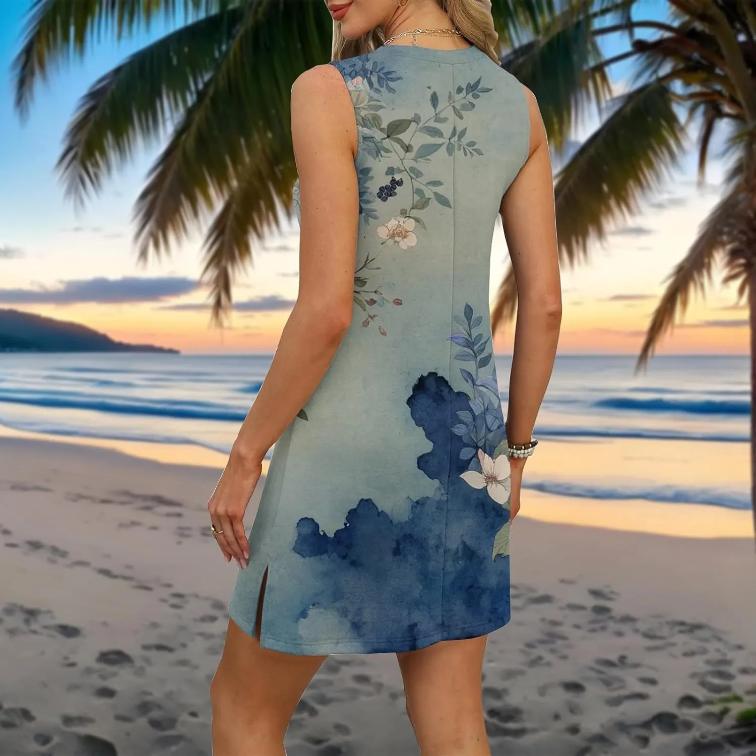 Summer Dresses for Women 2025 Casual V Neck Sleeveless Sundresses Floral Print Tank Beach Dresses with Split