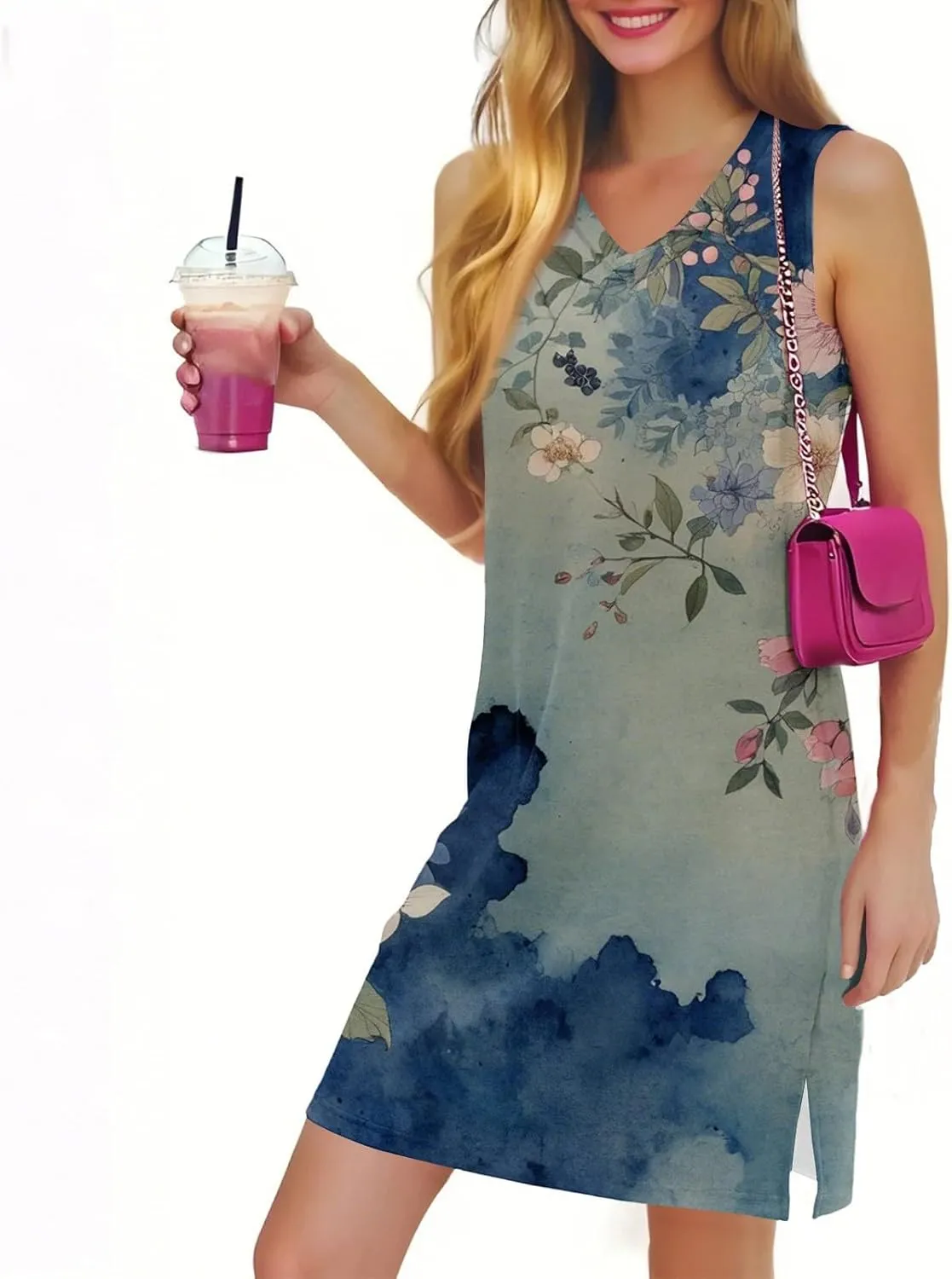 Summer Dresses for Women 2025 Casual V Neck Sleeveless Sundresses Floral Print Tank Beach Dresses with Split