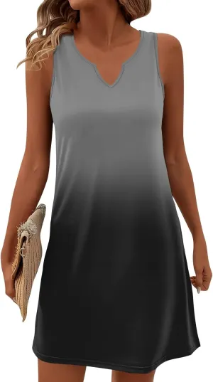 Summer Dresses for Women V Neck Sundresses Casual Beach Tank Dress Printed T Shirt Dresses Loose Sleeveless Sleep Dress
