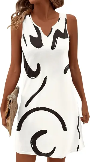 Summer Dresses for Women V Neck Sundresses Casual Beach Tank Dress Printed T Shirt Dresses Loose Sleeveless Sleep Dress