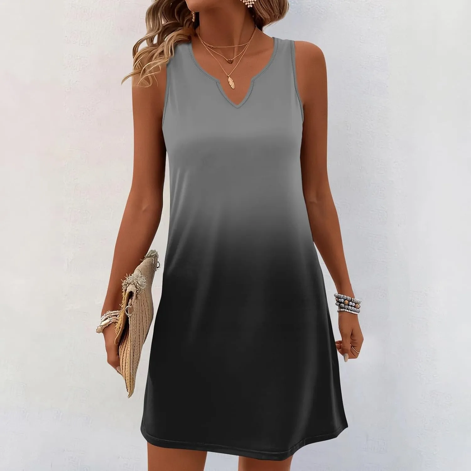 Summer Dresses for Women V Neck Sundresses Casual Beach Tank Dress Printed T Shirt Dresses Loose Sleeveless Sleep Dress