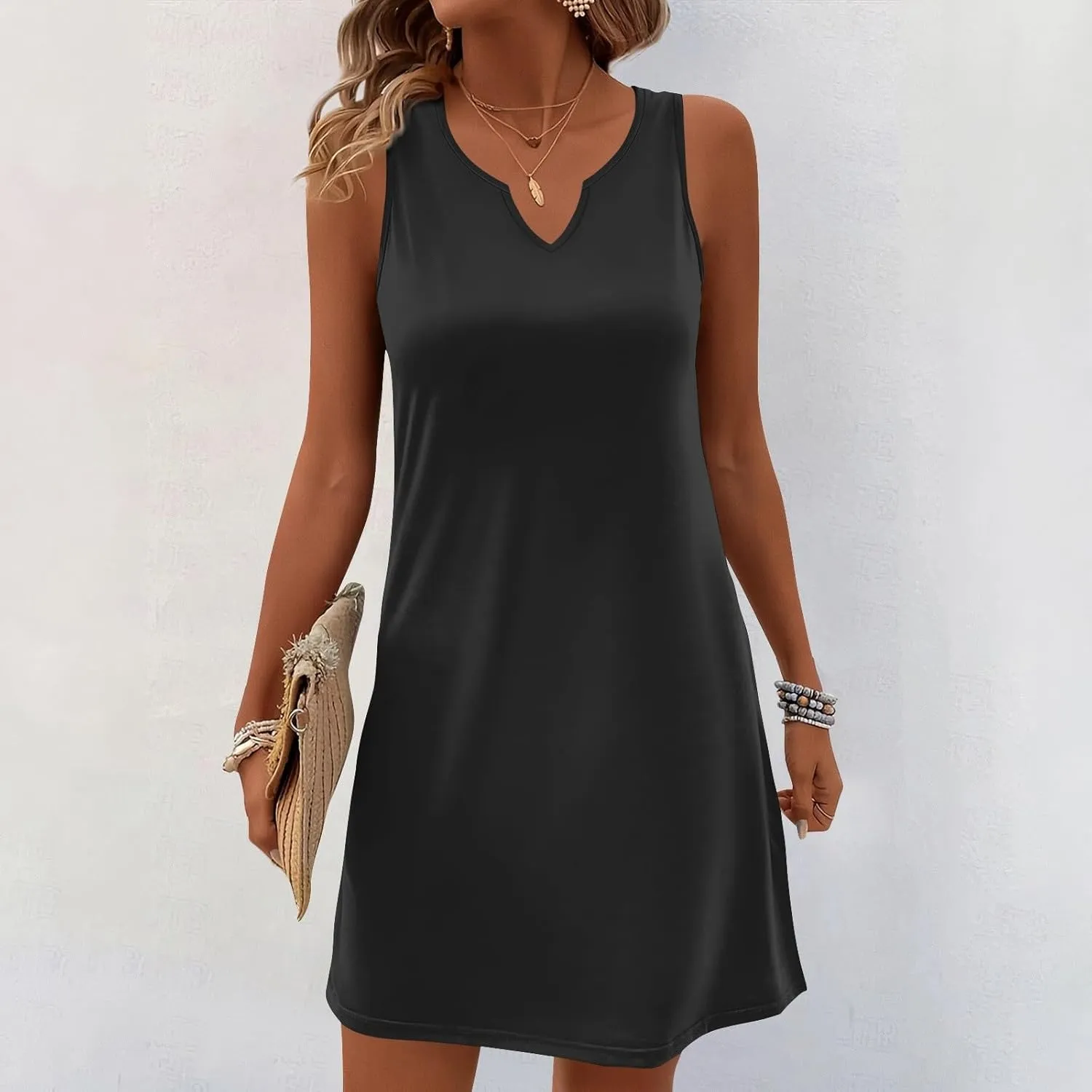 Summer Dresses for Women V Neck Sundresses Casual Beach Tank Dress Printed T Shirt Dresses Loose Sleeveless Sleep Dress