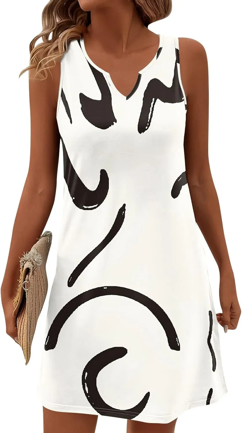 Summer Dresses for Women V Neck Sundresses Casual Beach Tank Dress Printed T Shirt Dresses Loose Sleeveless Sleep Dress