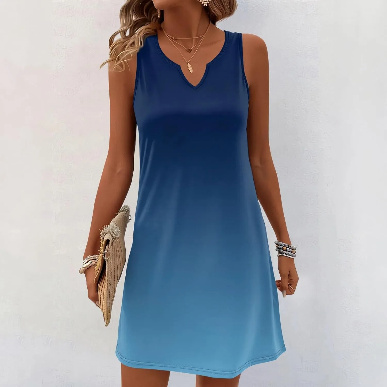 Summer Dresses for Women V Neck Sundresses Casual Beach Tank Dress Printed T Shirt Dresses Loose Sleeveless Sleep Dress