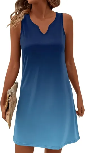 Summer Dresses for Women V Neck Sundresses Casual Beach Tank Dress Printed T Shirt Dresses Loose Sleeveless Sleep Dress
