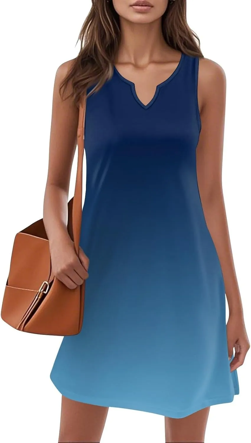 Summer Dresses for Women V Neck Sundresses Casual Beach Tank Dress Printed T Shirt Dresses Loose Sleeveless Sleep Dress