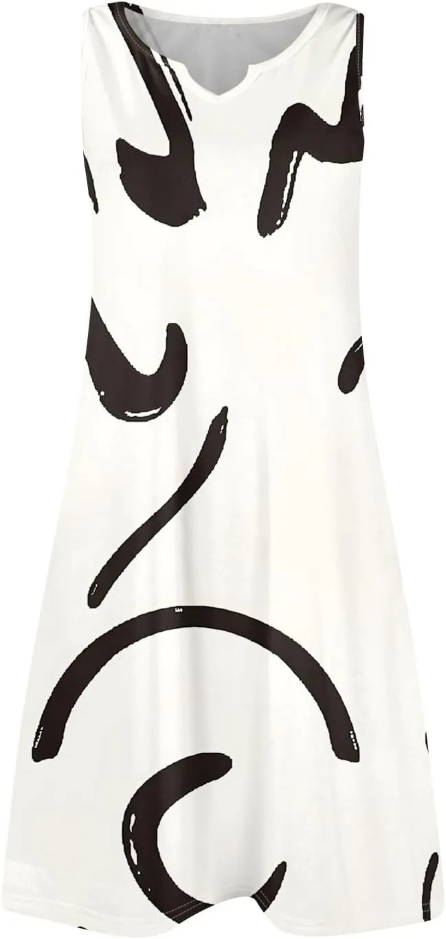 Summer Dresses for Women V Neck Sundresses Casual Beach Tank Dress Printed T Shirt Dresses Loose Sleeveless Sleep Dress