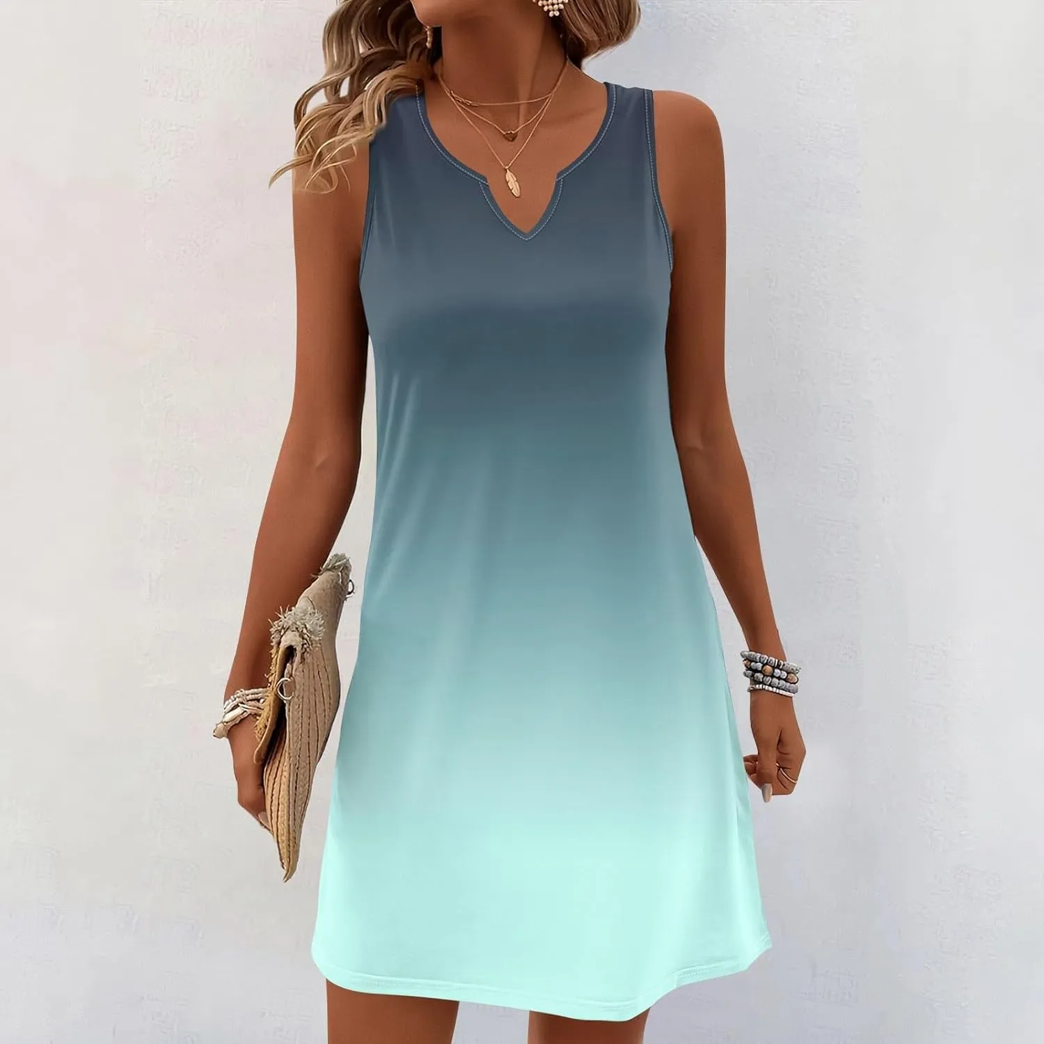 Summer Dresses for Women V-Neck Sundresses Sleeveless Loose Sleep Dress Beach Tank Dress Printed Casual T Shirt Dresses