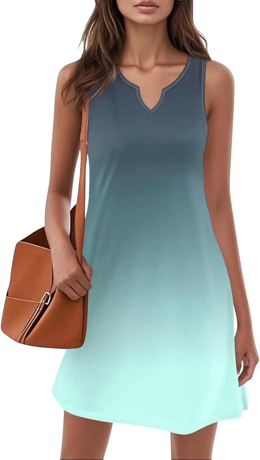 Summer Dresses for Women V-Neck Sundresses Sleeveless Loose Sleep Dress Beach Tank Dress Printed Casual T Shirt Dresses