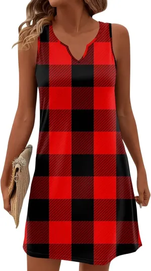 Summer Dresses for Women V-Neck Sundresses Sleeveless Loose Sleep Dress Beach Tank Dress Printed Casual T Shirt Dresses