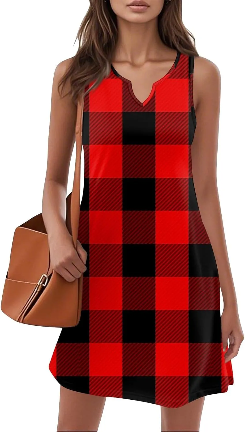 Summer Dresses for Women V-Neck Sundresses Sleeveless Loose Sleep Dress Beach Tank Dress Printed Casual T Shirt Dresses
