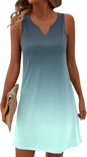 Summer Dresses for Women V-Neck Sundresses Sleeveless Loose Sleep Dress Beach Tank Dress Printed Casual T Shirt Dresses