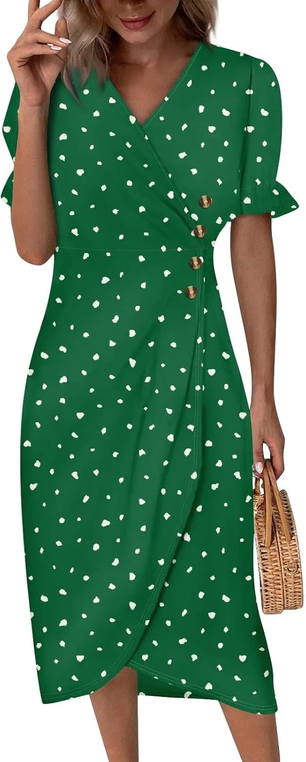 Summer Dresses Women Puff Sleeve Wrap Midi Dresses for Women Summer Womens Dresses Casual