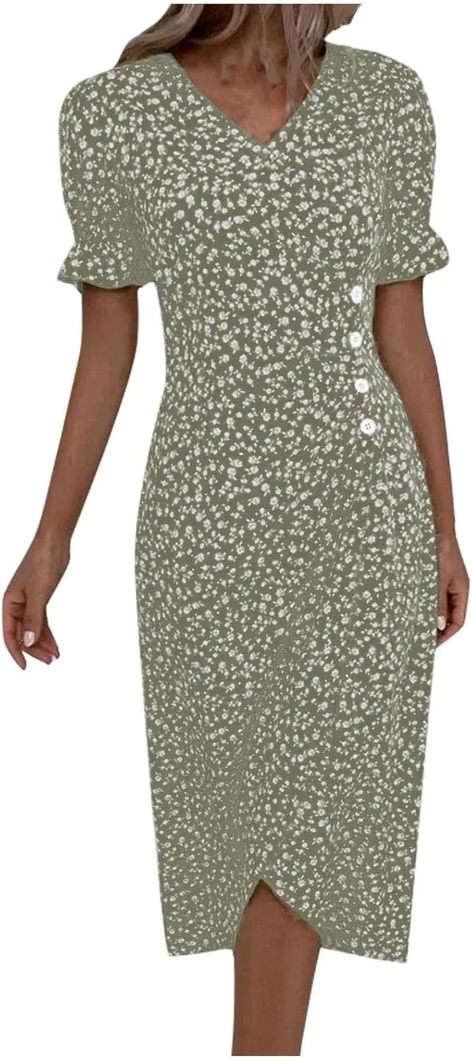 Summer Dresses Women Puff Sleeve Wrap Midi Dresses for Women Summer Womens Dresses Casual