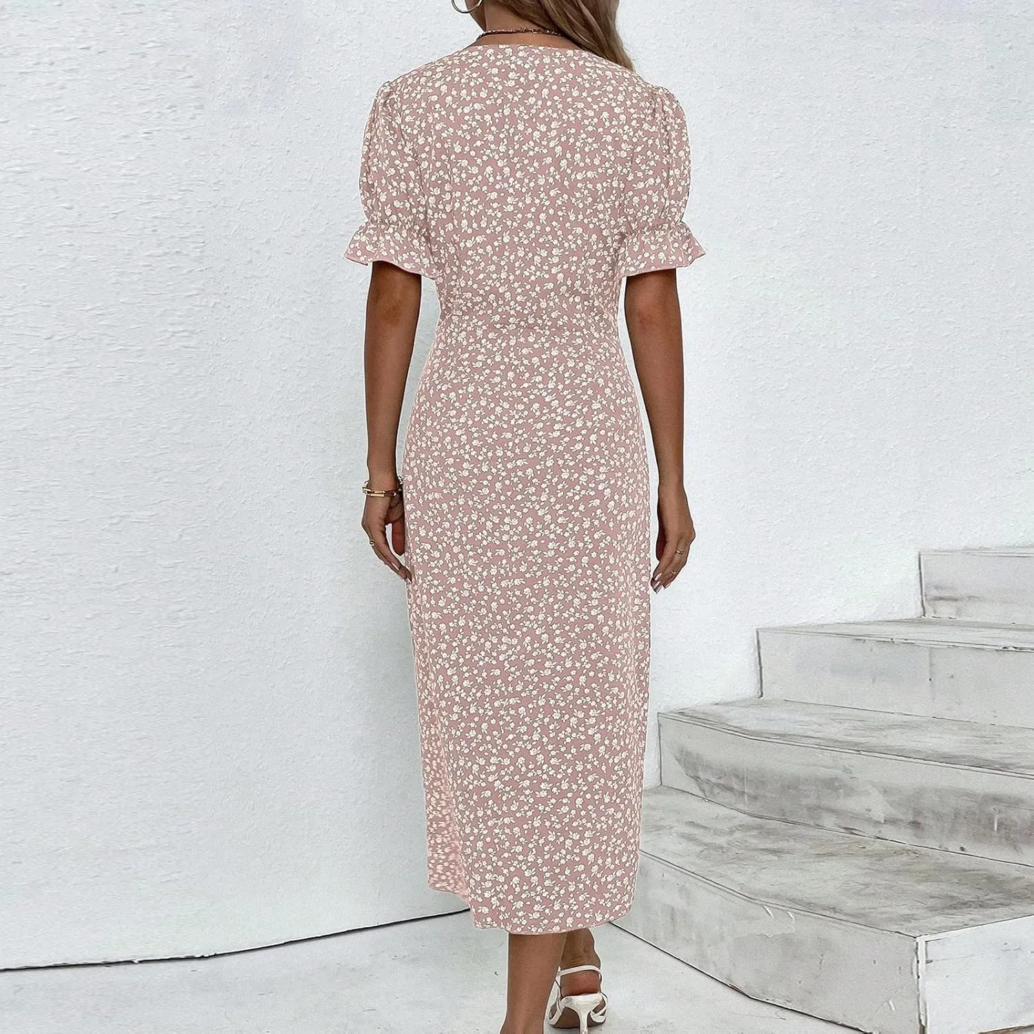 Summer Dresses Women Puff Sleeve Wrap Midi Dresses for Women Summer Womens Dresses Casual