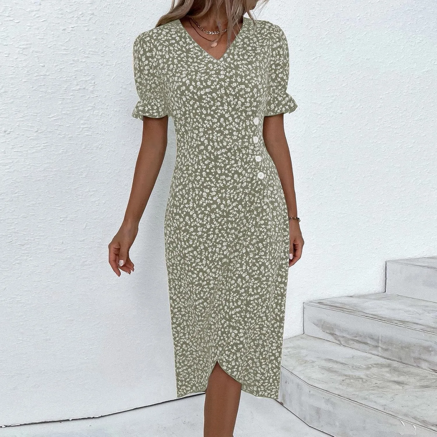 Summer Dresses Women Puff Sleeve Wrap Midi Dresses for Women Summer Womens Dresses Casual