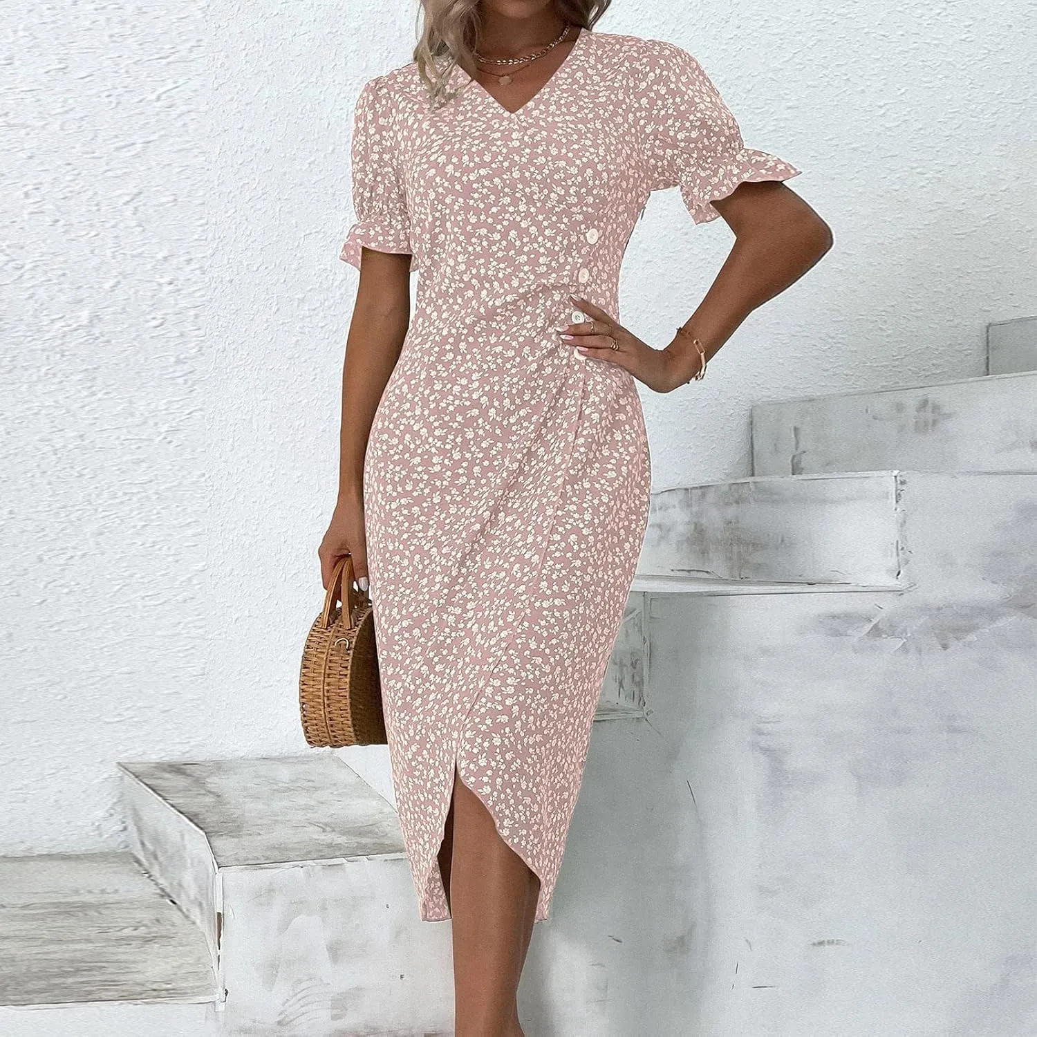 Summer Dresses Women Puff Sleeve Wrap Midi Dresses for Women Summer Womens Dresses Casual