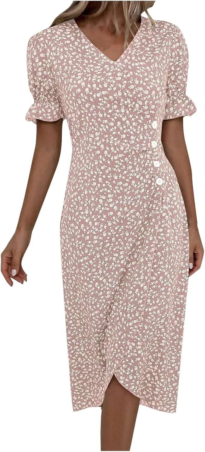 Summer Dresses Women Puff Sleeve Wrap Midi Dresses for Women Summer Womens Dresses Casual