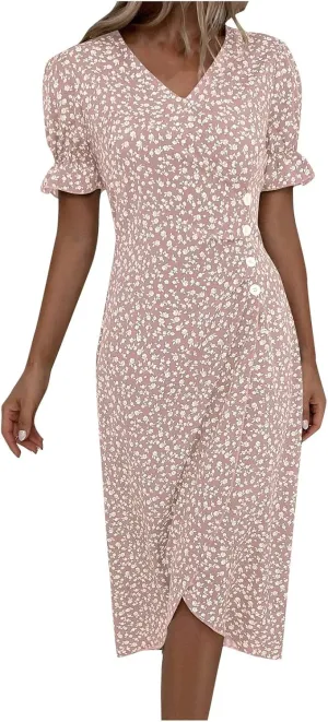 Summer Dresses Women Puff Sleeve Wrap Midi Dresses for Women Summer Womens Dresses Casual