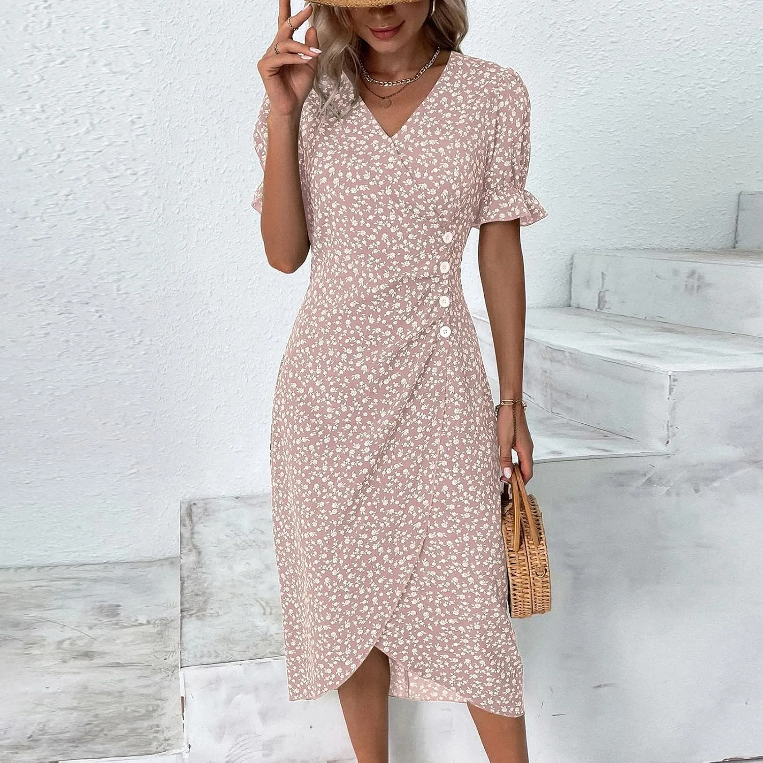 Summer Dresses Women Puff Sleeve Wrap Midi Dresses for Women Summer Womens Dresses Casual
