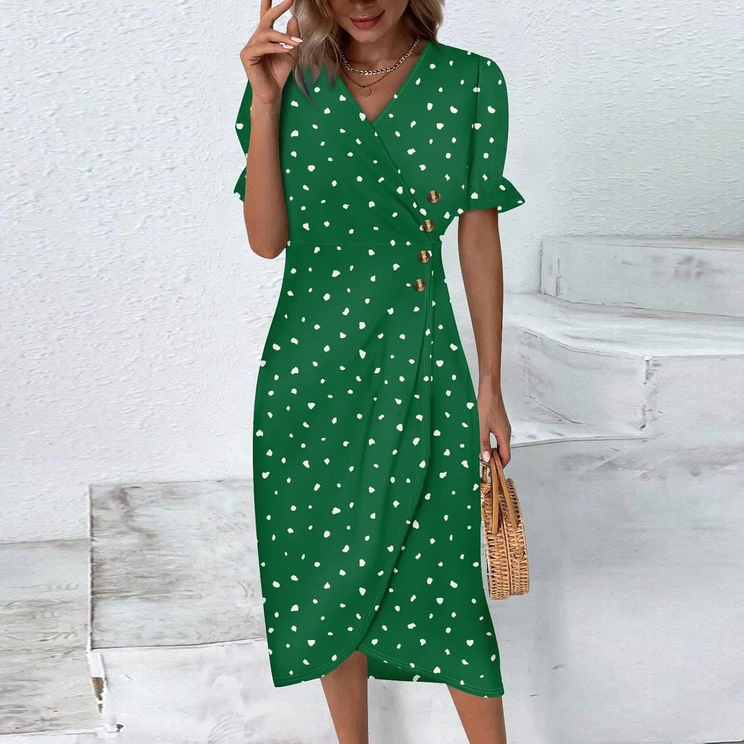 Summer Dresses Women Puff Sleeve Wrap Midi Dresses for Women Summer Womens Dresses Casual