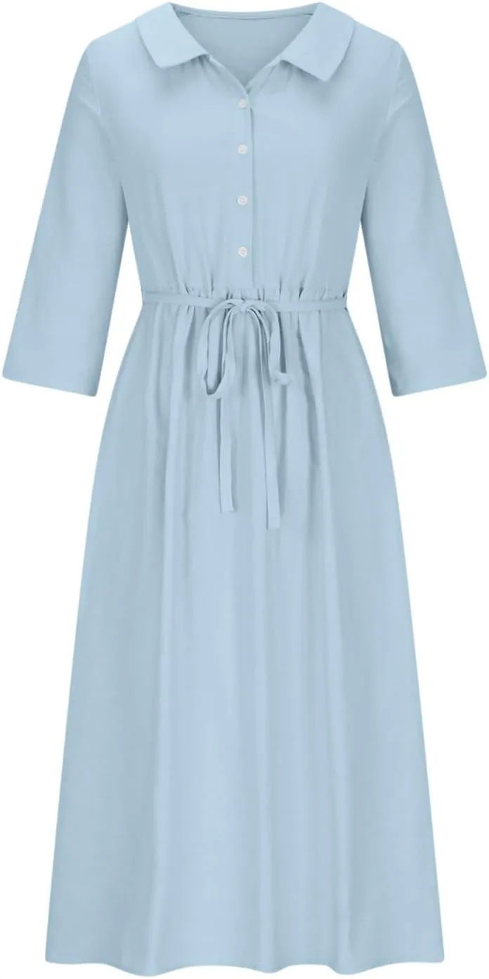 Summer Maxi Dresses Women's 2025 Plus Size Cotton Linen Dress 3/4 Sleeve Long Boho Spring Clothes Casual Resort Wears