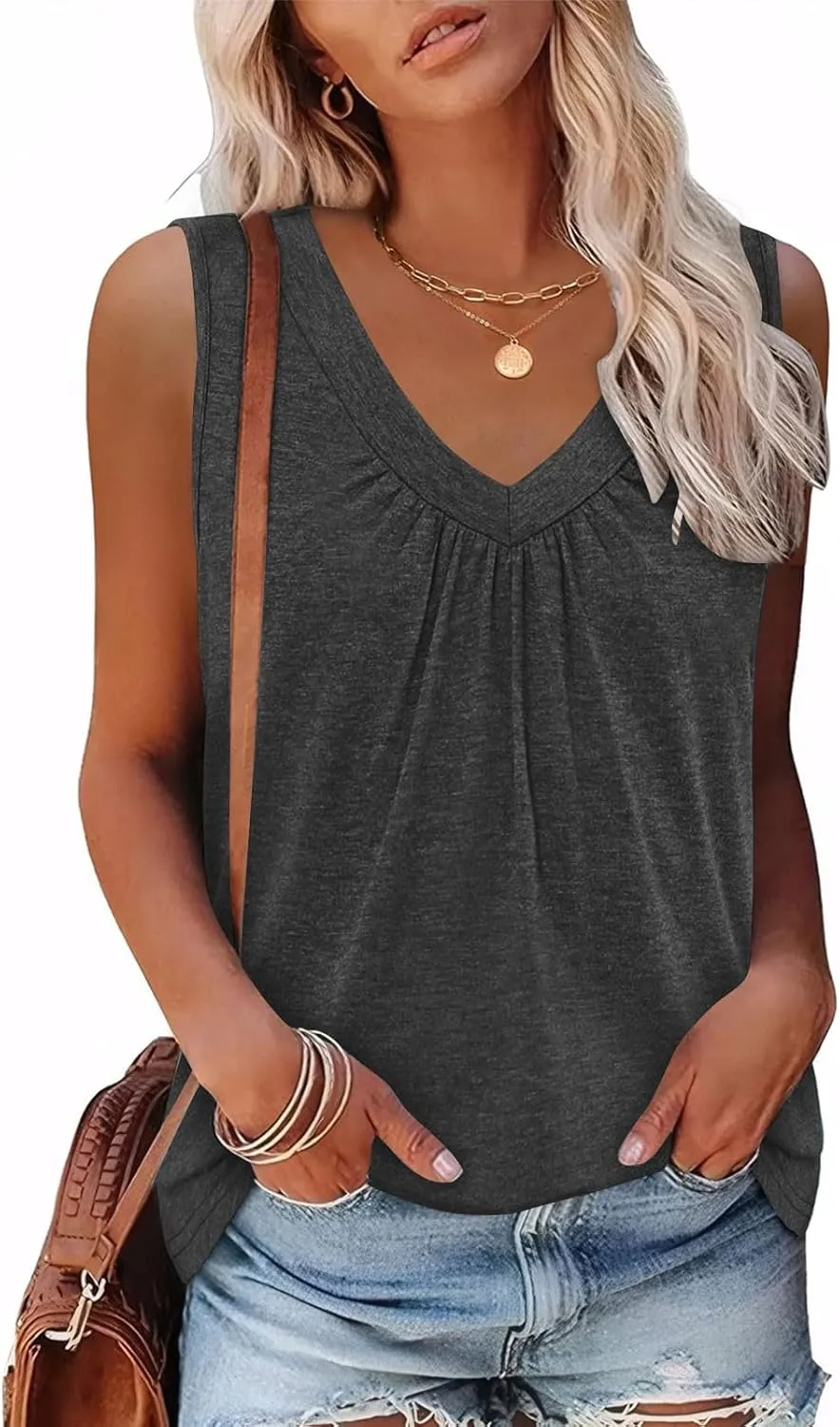 Summer Tank Top for Women Loose Sleeveless Shirts V Neck Pleated Front Ruched Tunic Basic Layer Tees with Curved Hem