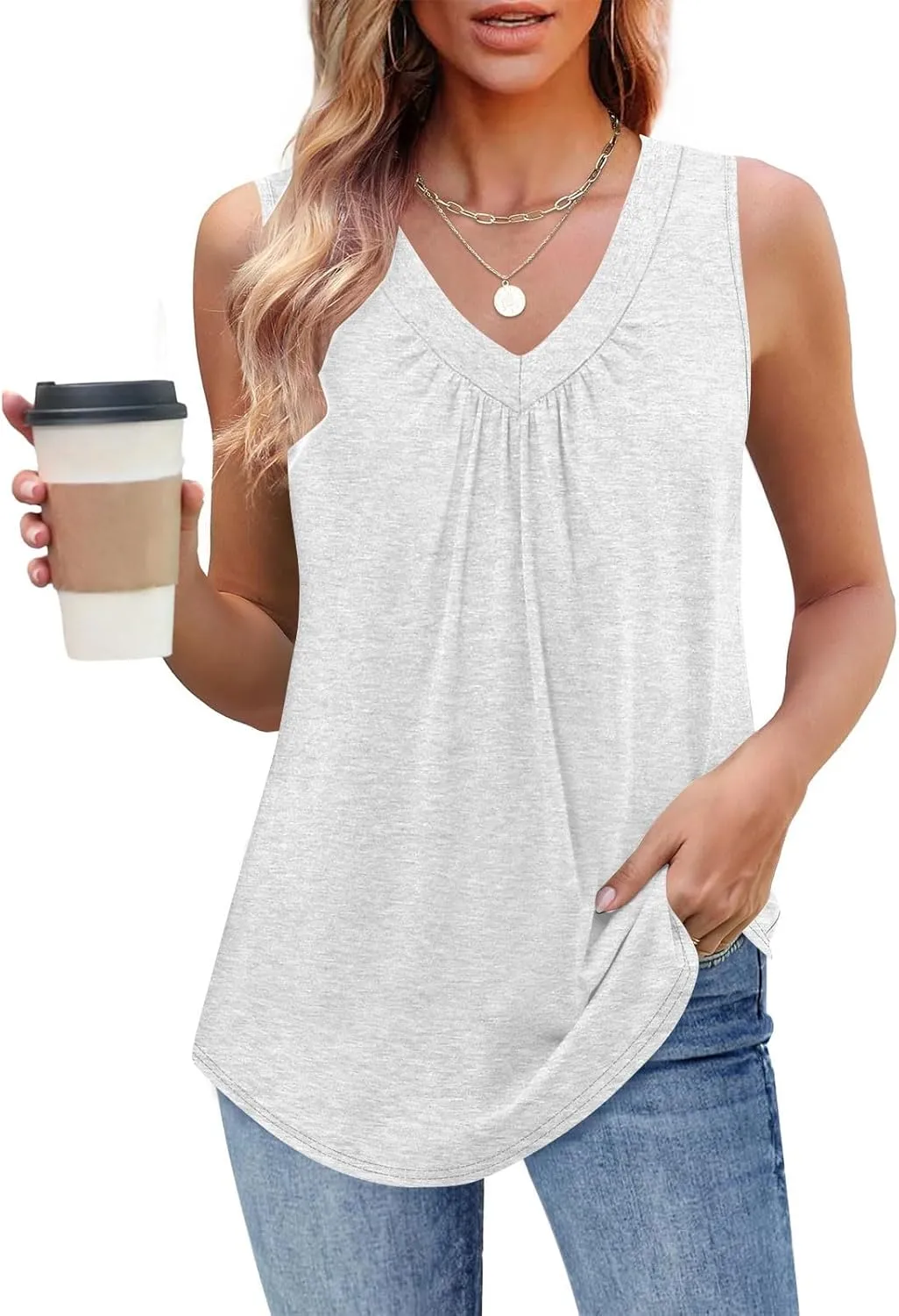 Summer Tank Top for Women Loose Sleeveless Shirts V Neck Pleated Front Ruched Tunic Basic Layer Tees with Curved Hem