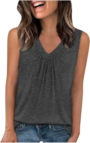 Summer Tank Top for Women Loose Sleeveless Shirts V Neck Pleated Front Ruched Tunic Basic Layer Tees with Curved Hem