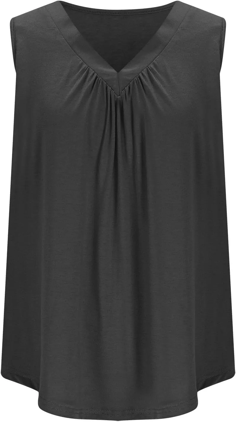 Summer Tank Top for Women Loose Sleeveless Shirts V Neck Pleated Front Ruched Tunic Basic Layer Tees with Curved Hem