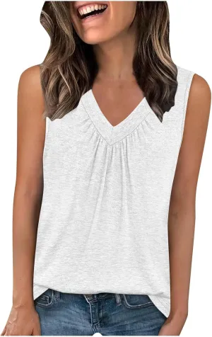Summer Tank Top for Women Loose Sleeveless Shirts V Neck Pleated Front Ruched Tunic Basic Layer Tees with Curved Hem