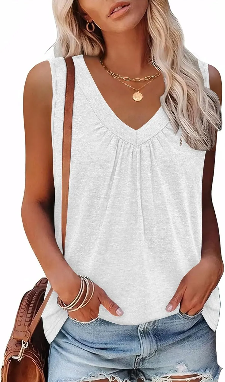 Summer Tank Top for Women Loose Sleeveless Shirts V Neck Pleated Front Ruched Tunic Basic Layer Tees with Curved Hem